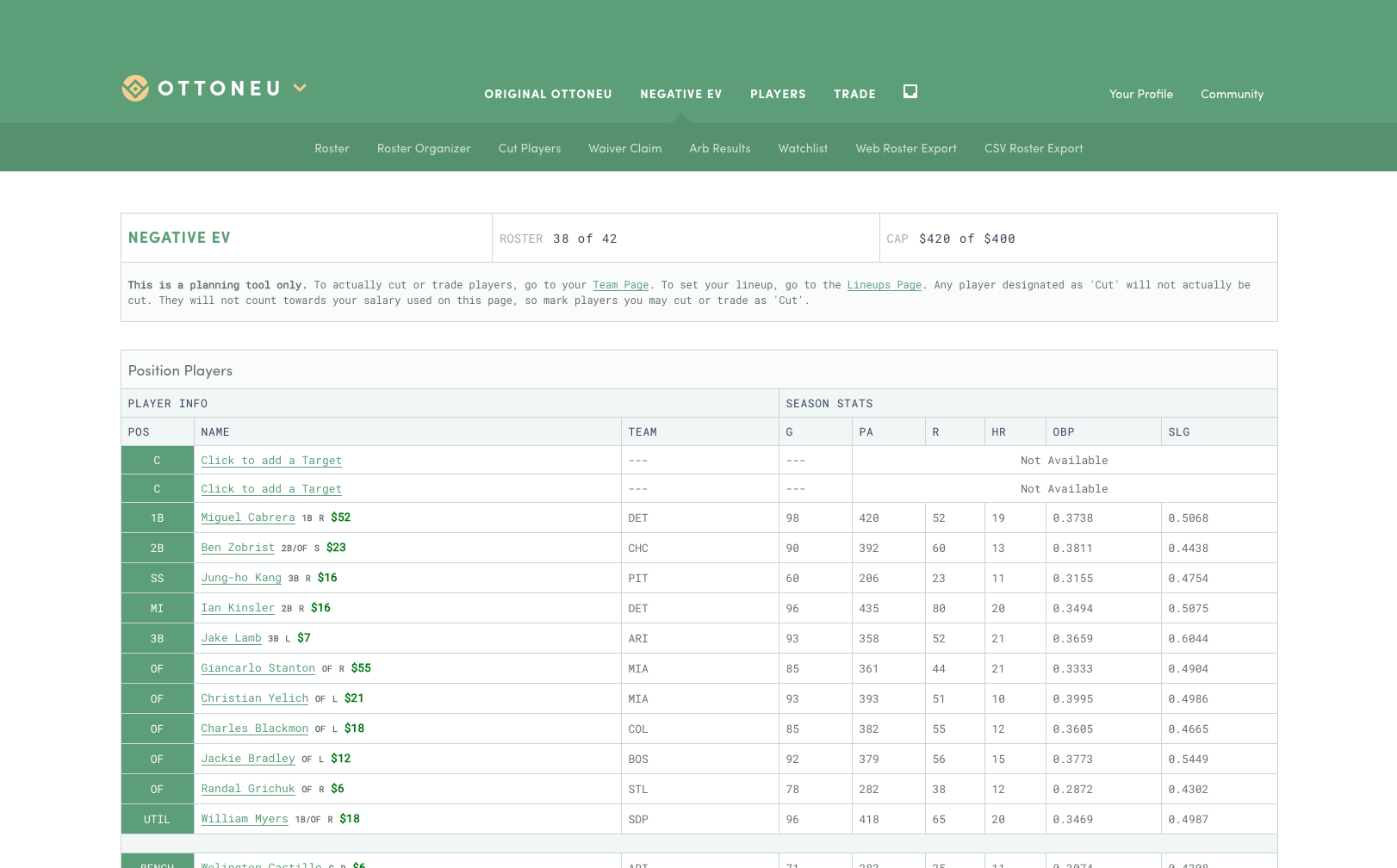 A screenshot of the baseball team page with a table of players and stats
