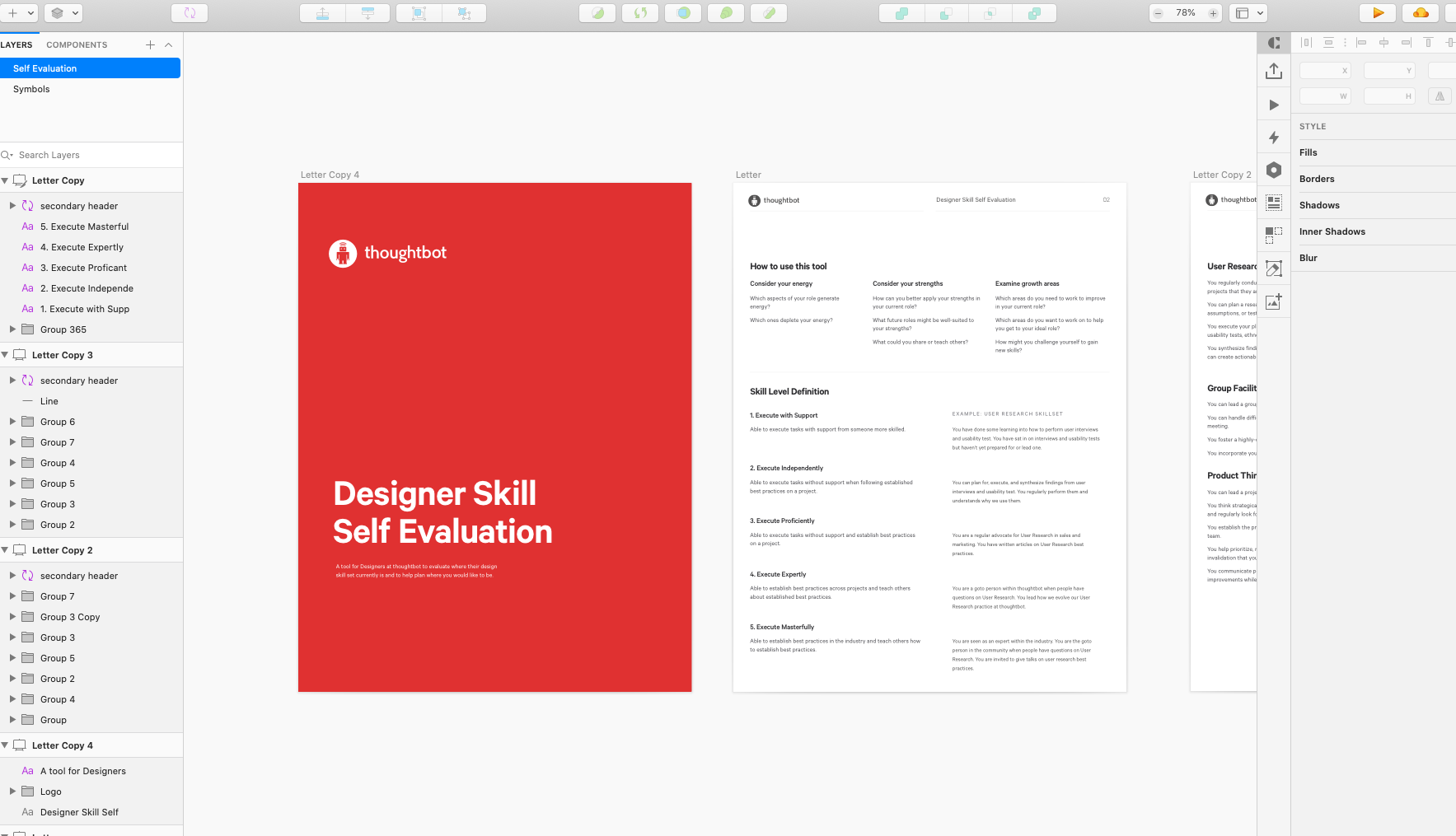 Screenshot of Sketch program and artboards with the self-evaluation in it.