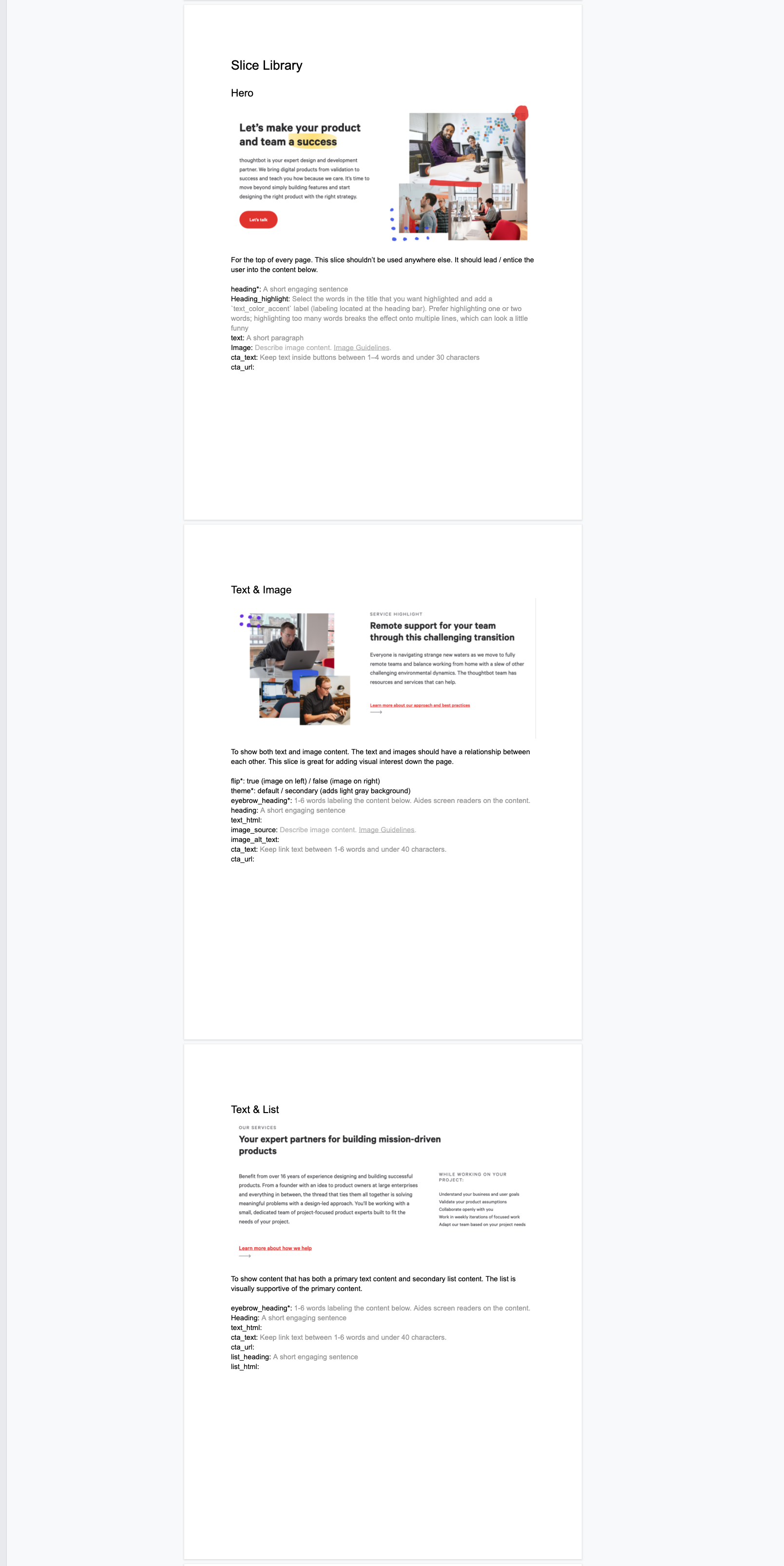 A screenshot of a few of the slice documentation for the Marketing team