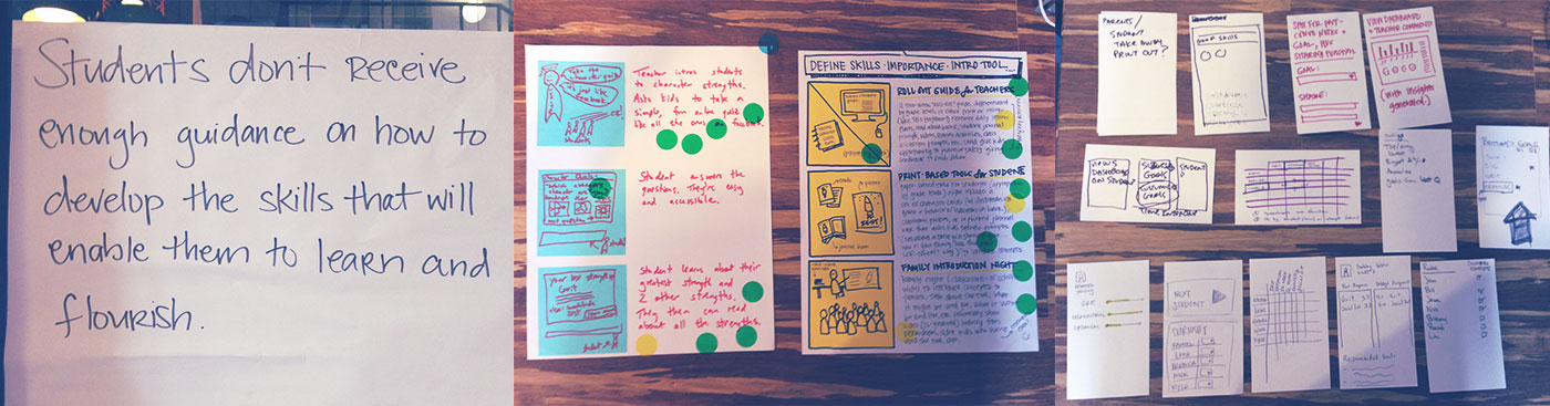 Three frames of design sprint exercises. The first frame is a problem statement. Second frame is two storyboards. Third frame is sketches of interfaces.