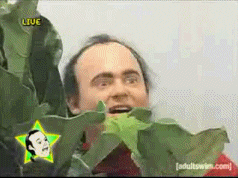 An animated gif of a man weidly looking out from plants