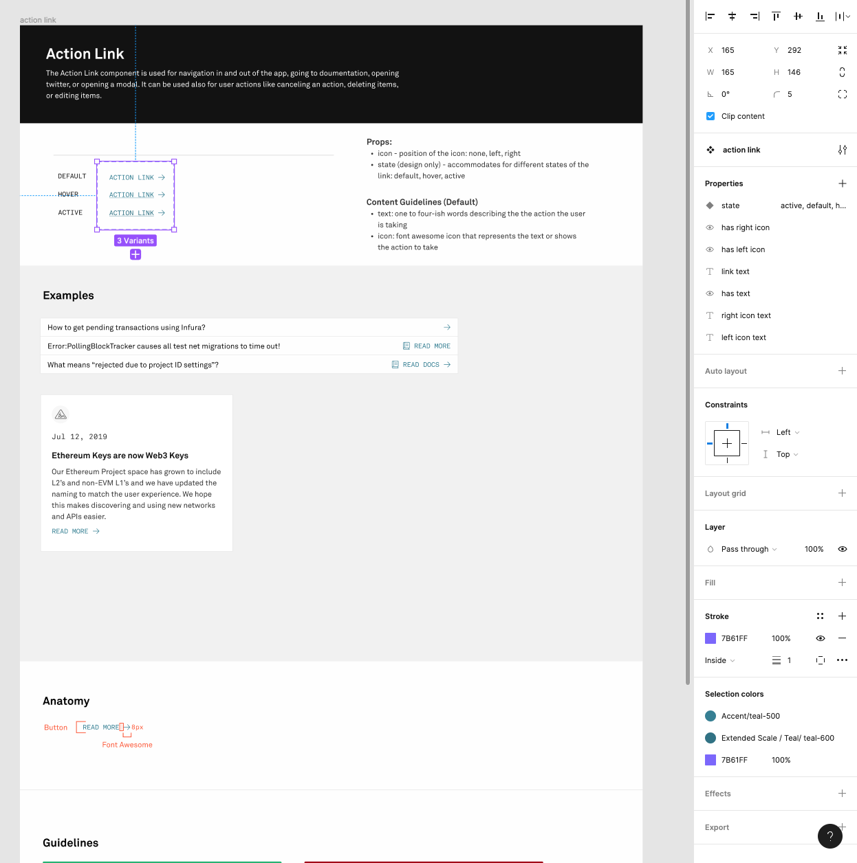 Screenshot of action link component and it's documentation