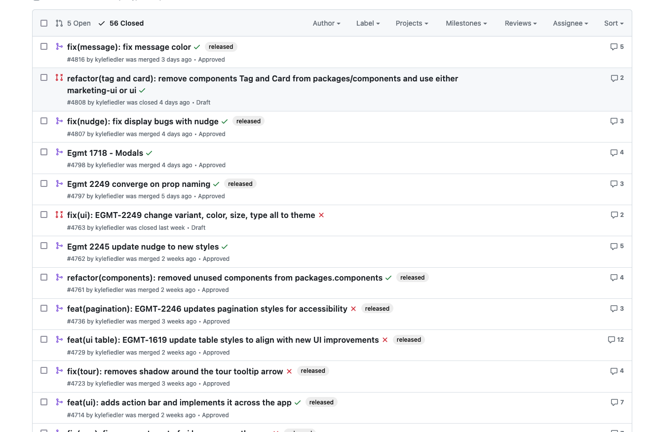 Screenshot of list of GitHub PRs
