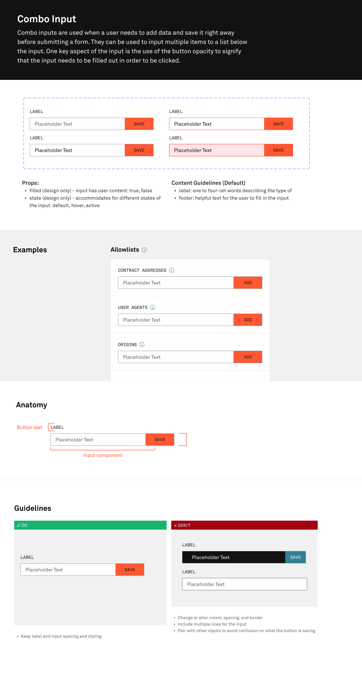 Screenshot of action link component and it's documentation
