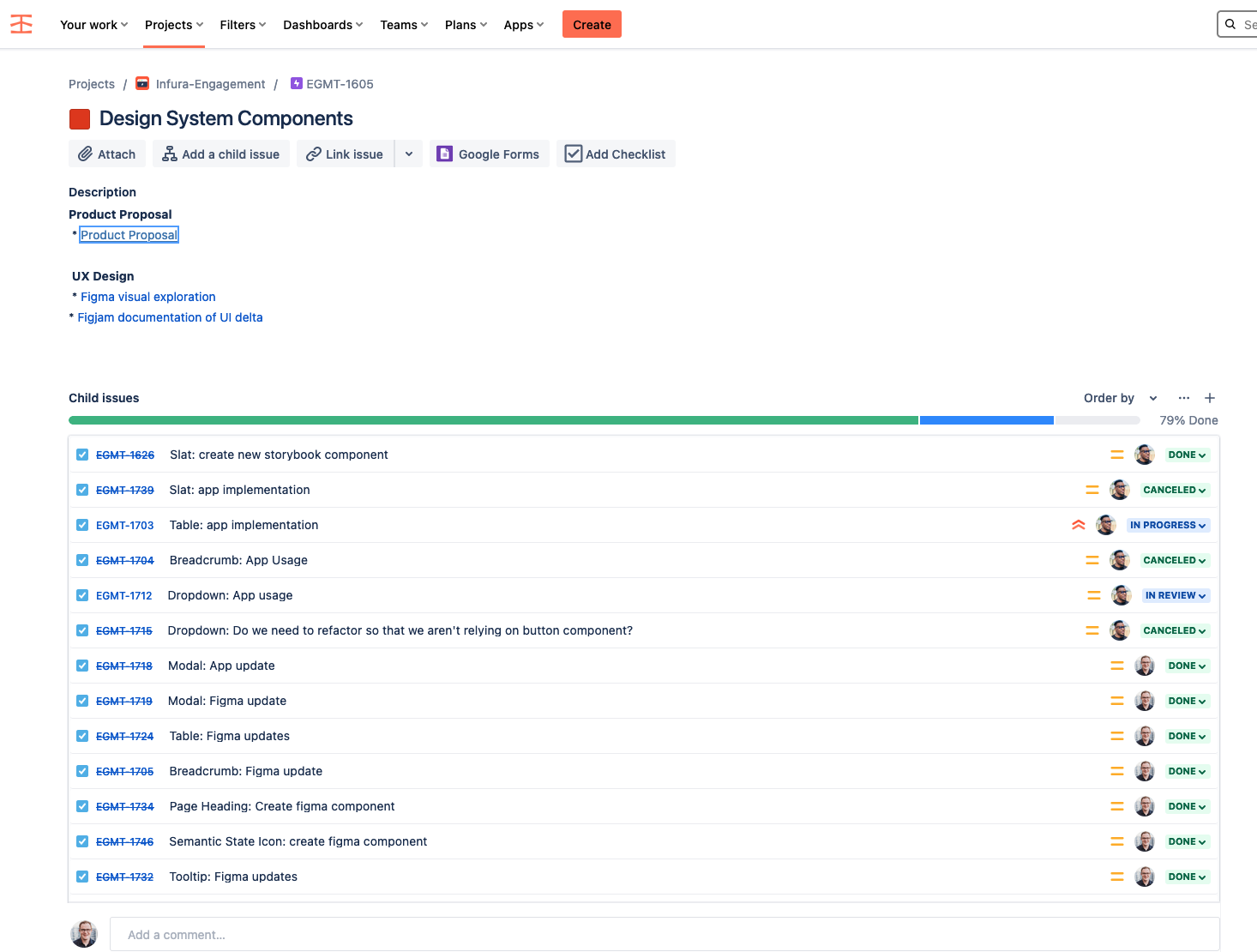 Screenshot of the project tickets in Jira