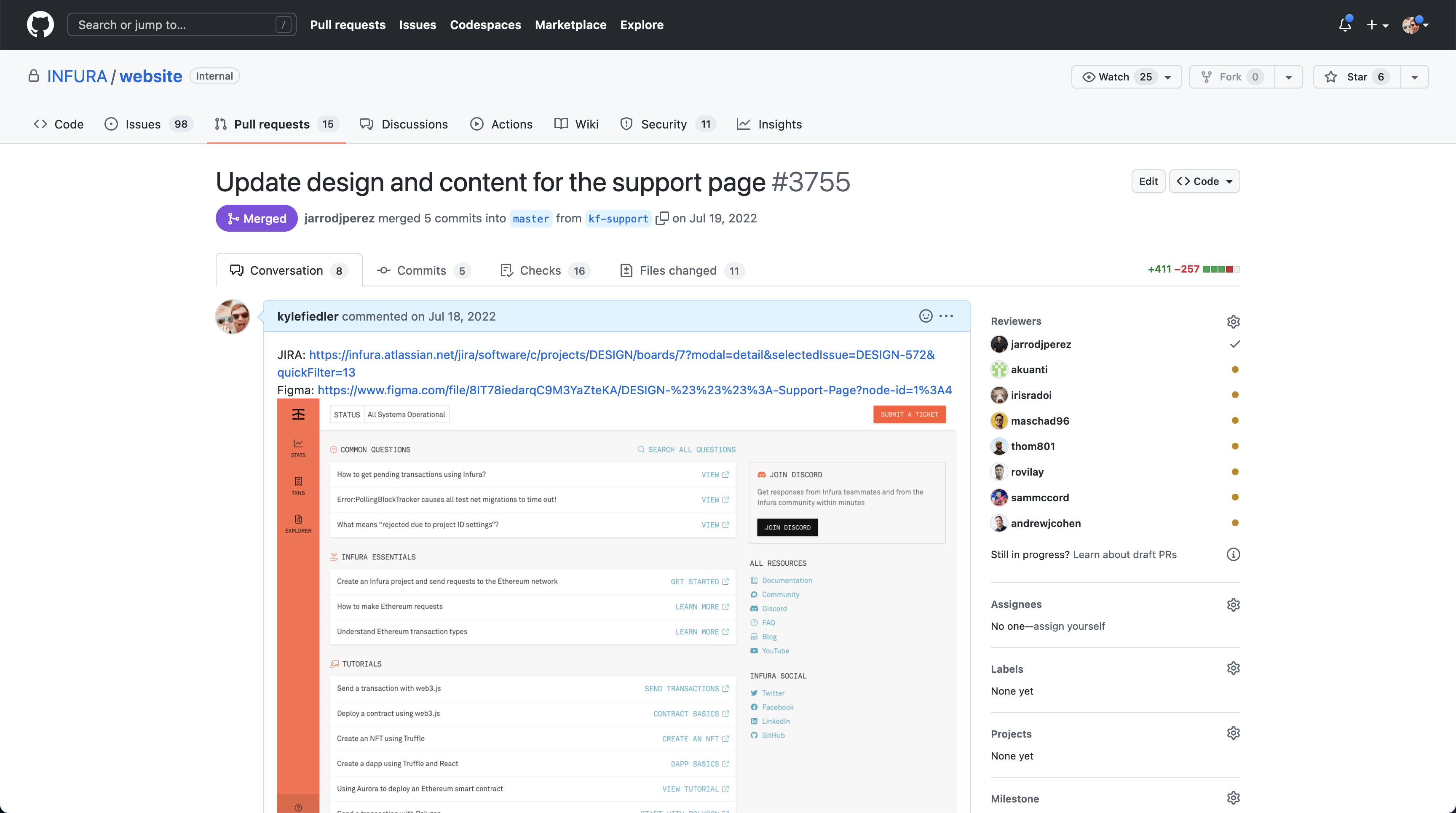 Screenshot of GitHub PR for implementing Infura Support page