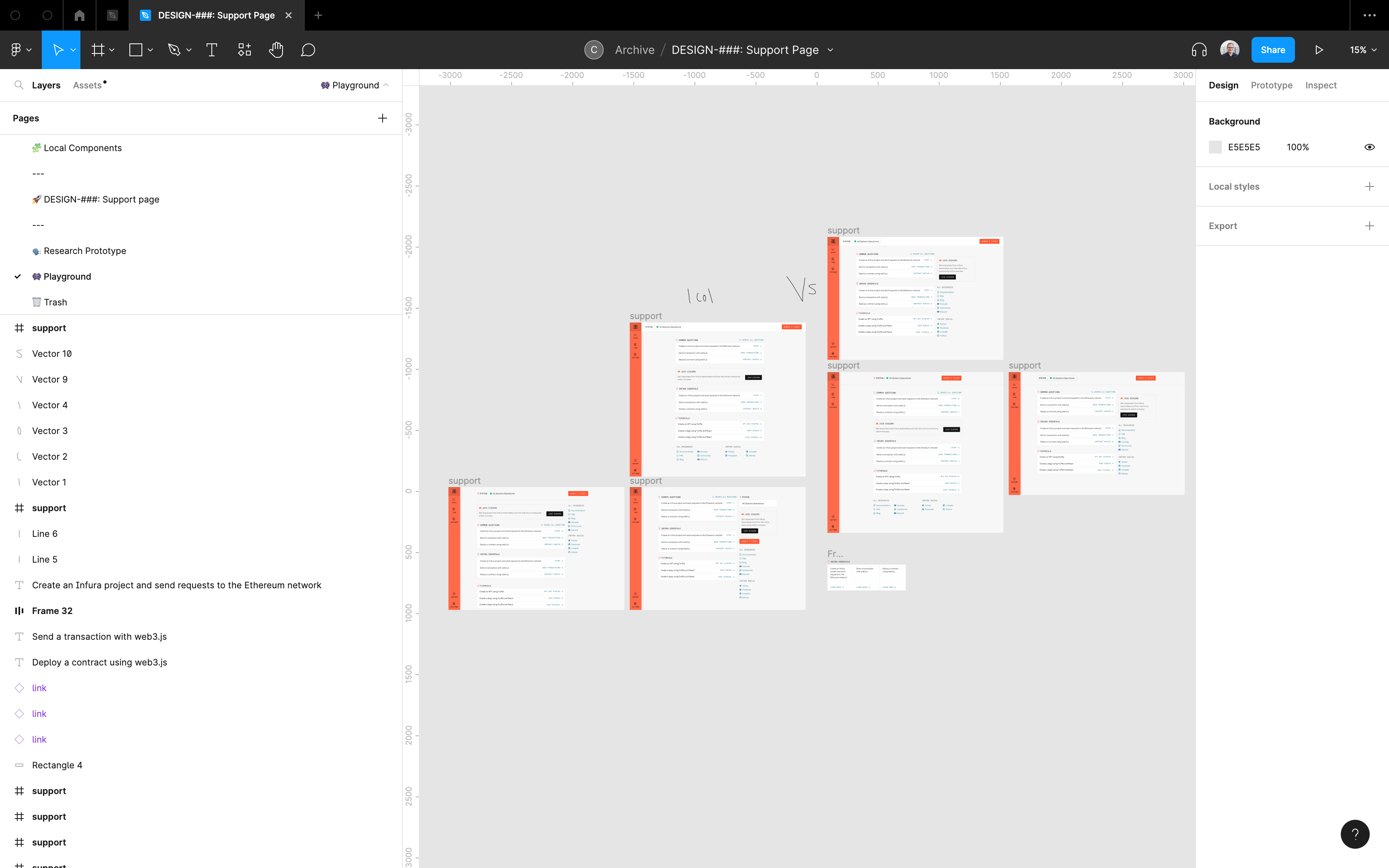 Screenshot of low fidelity designs for the Infura Support page in Figma
