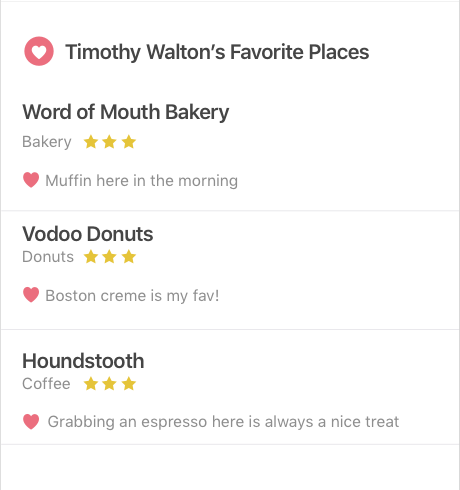 App screenshot. A list of favorite places and reasons listed why they're favorites.