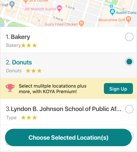 App screenshot. A list of places with an option to sign up for a premium service.