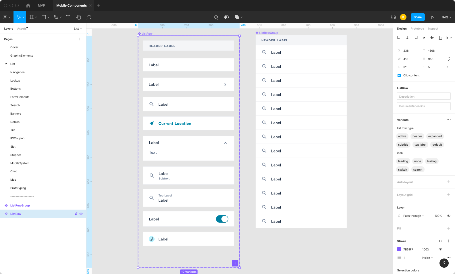 A screenshot of the mobile components Figma file