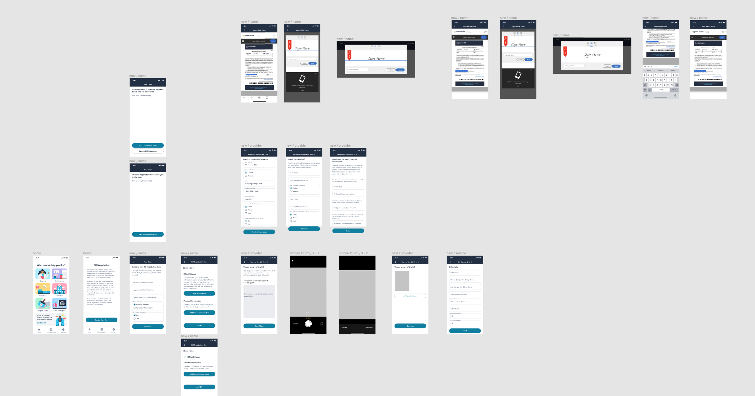 A screenshot of a flow of screens in a prototype
