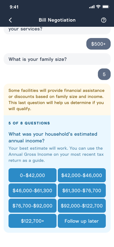 Mobile screenshot asking a question about income