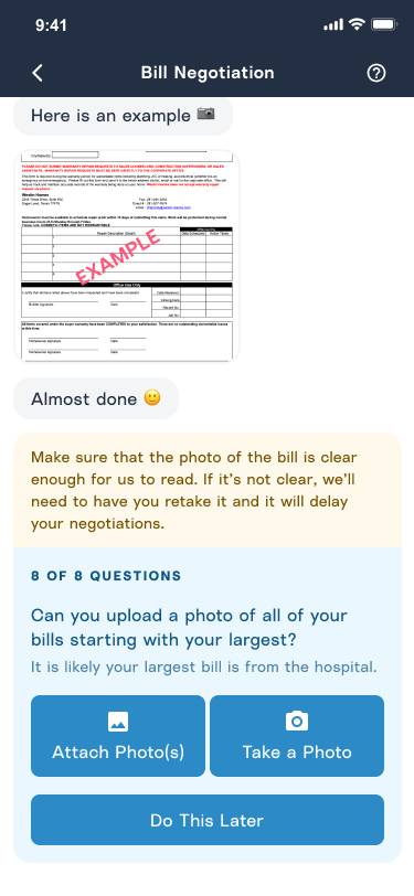 Mobile screenshot of uploading a bill