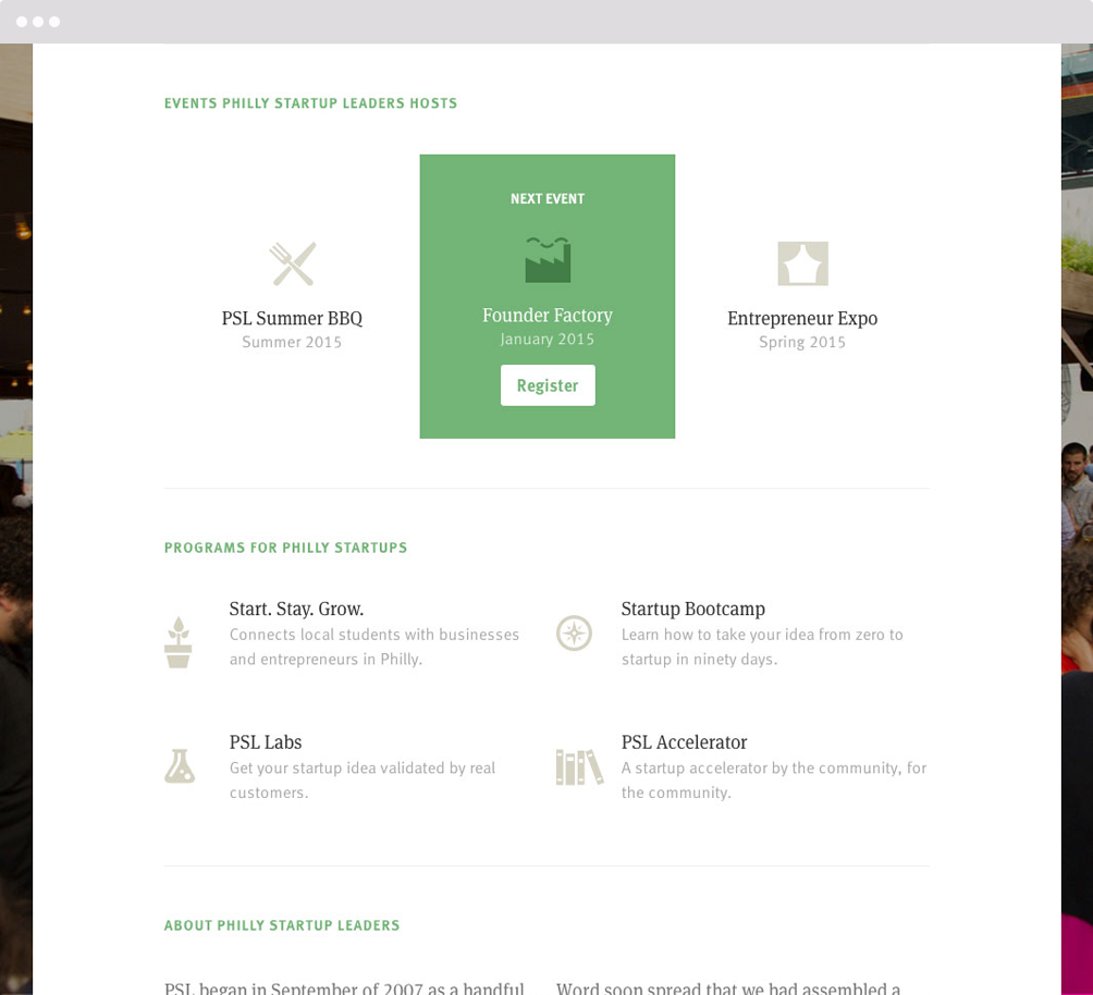 Screenshot of the Phill Startup homepage body