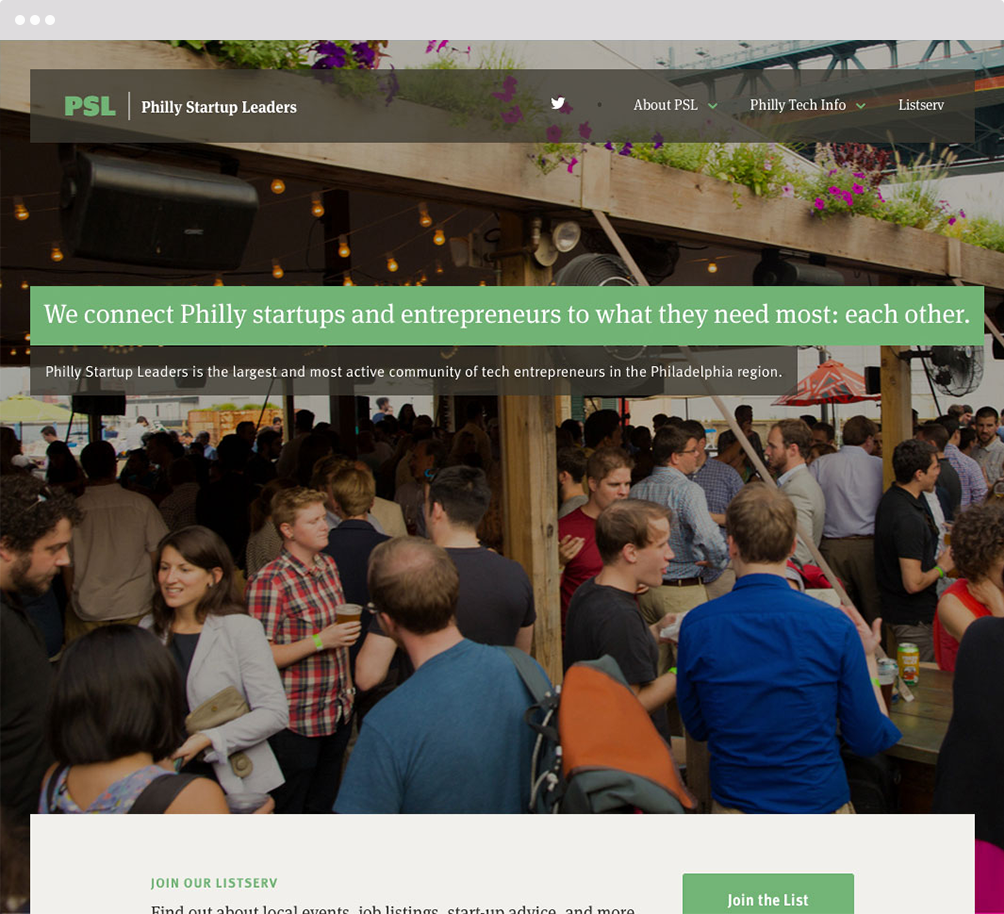 Screenshot of the Philly Startup Leaders homepage hero
