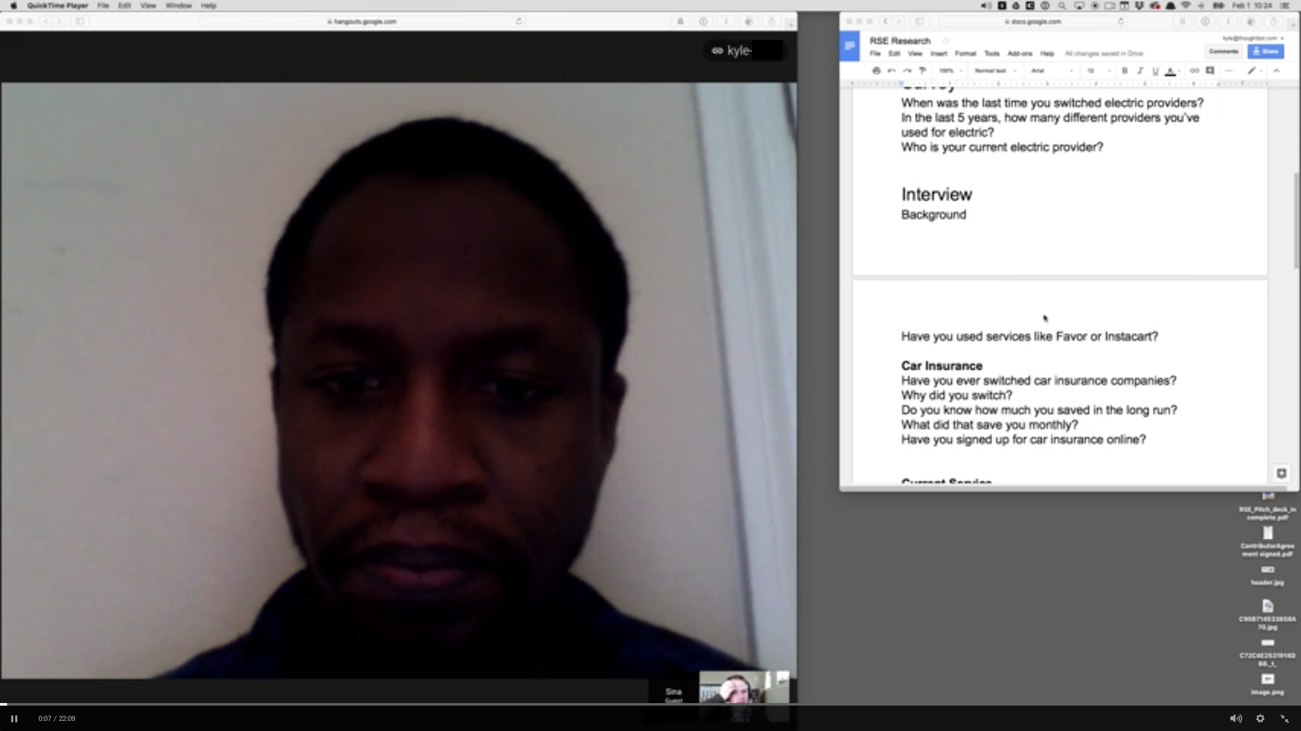 My screen conducting an interview with a man. Video call on the left and my notes on the right.