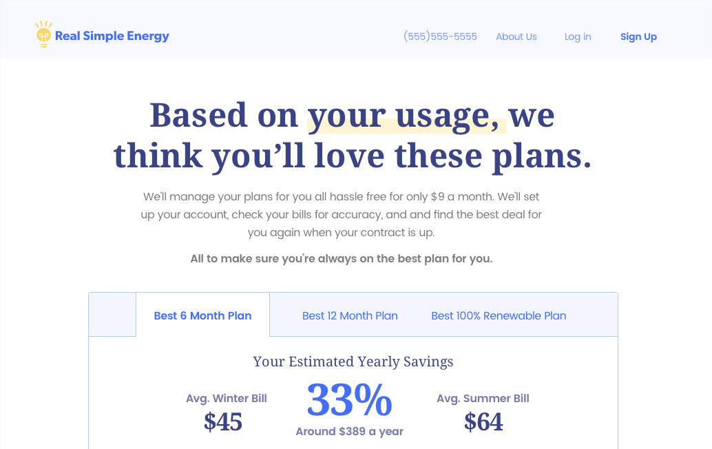 Interface of real simple energy. Text says: Based on your usage, we suggest these plans.