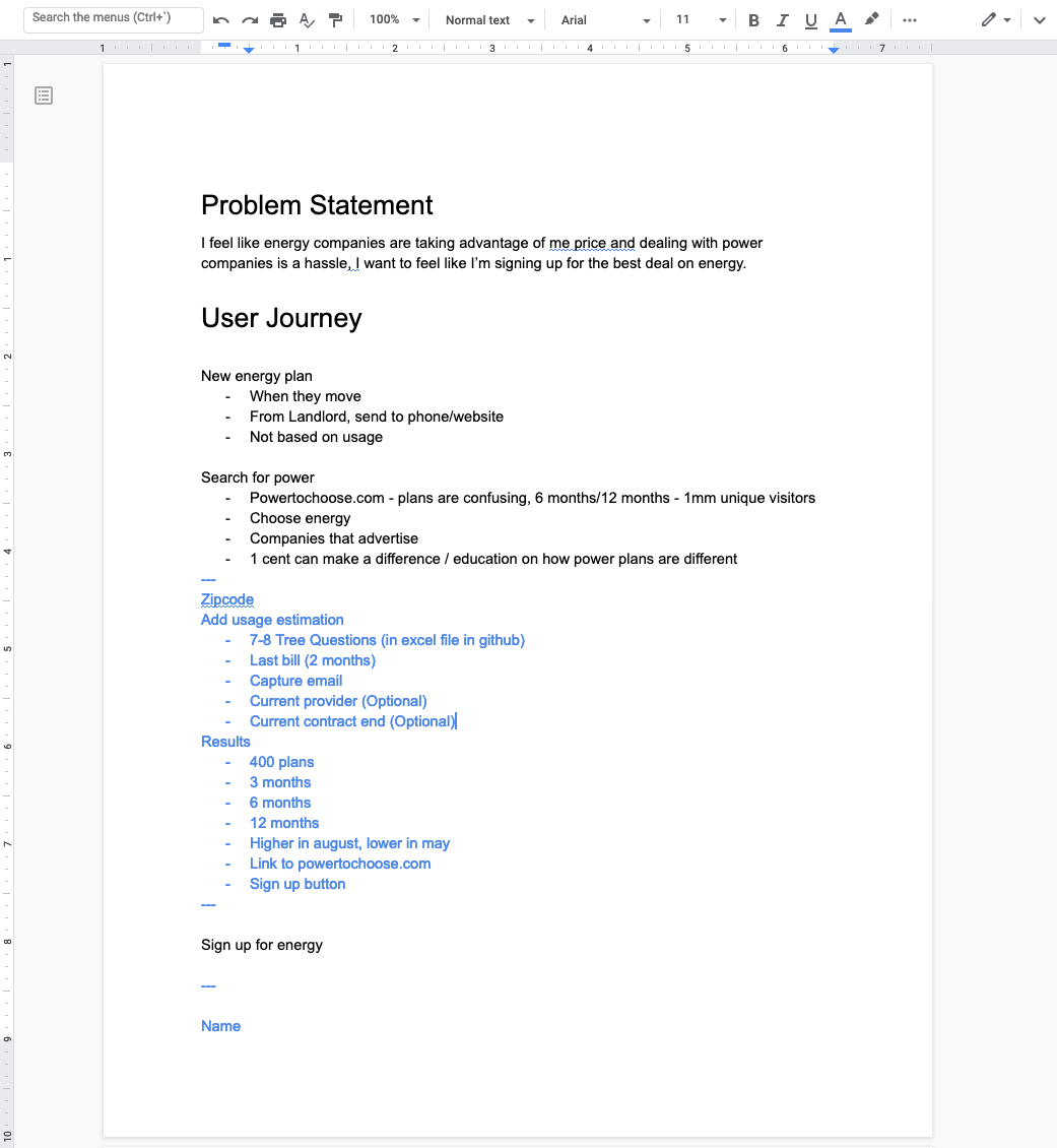 Google docs interface with text about the project.