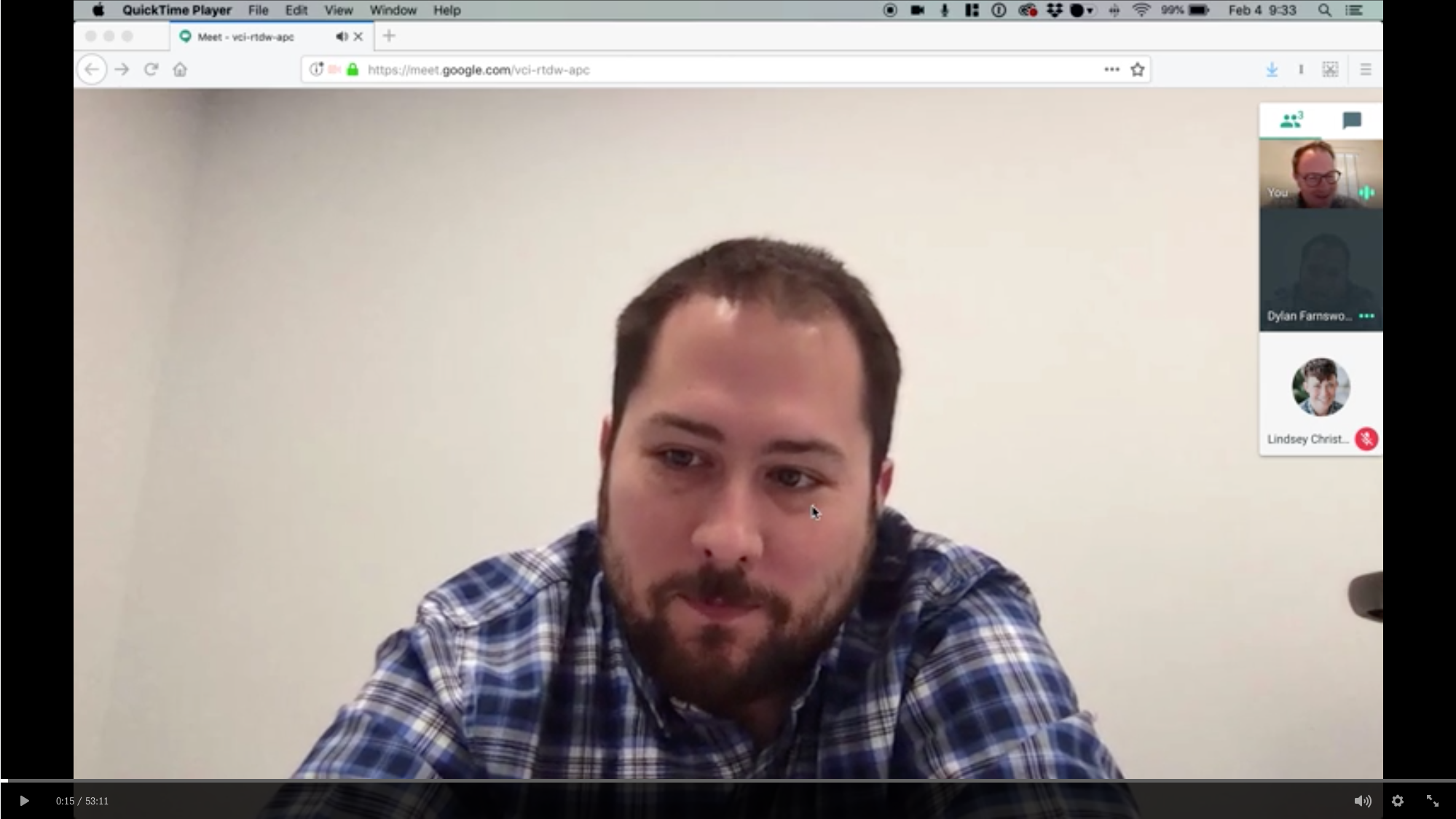 A screenshot of a google hangout recording; one person's camera view in the main screen and two people's camera view in the sidebar