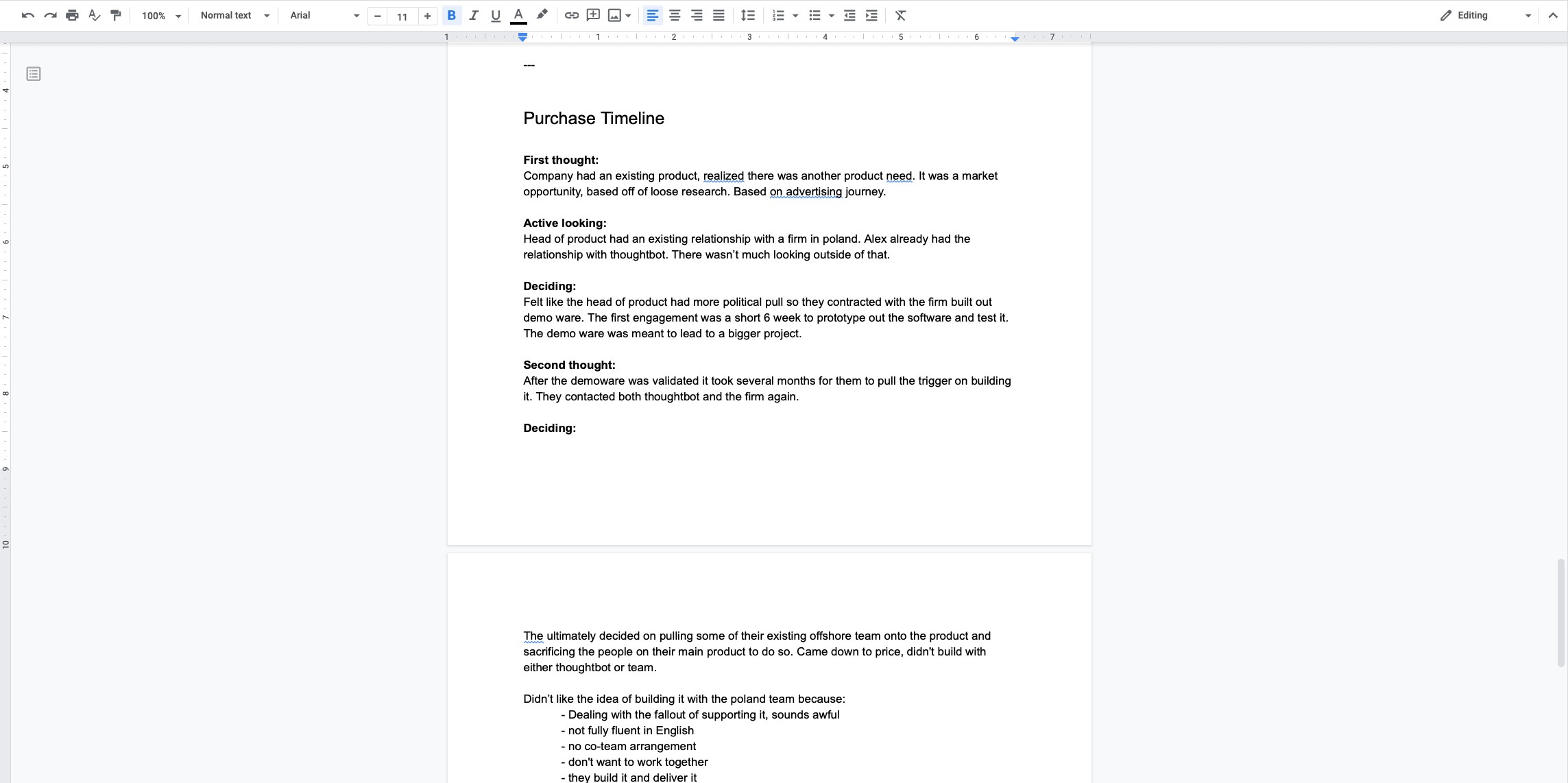A screenshot of a Google Document of a customers purchase timeline