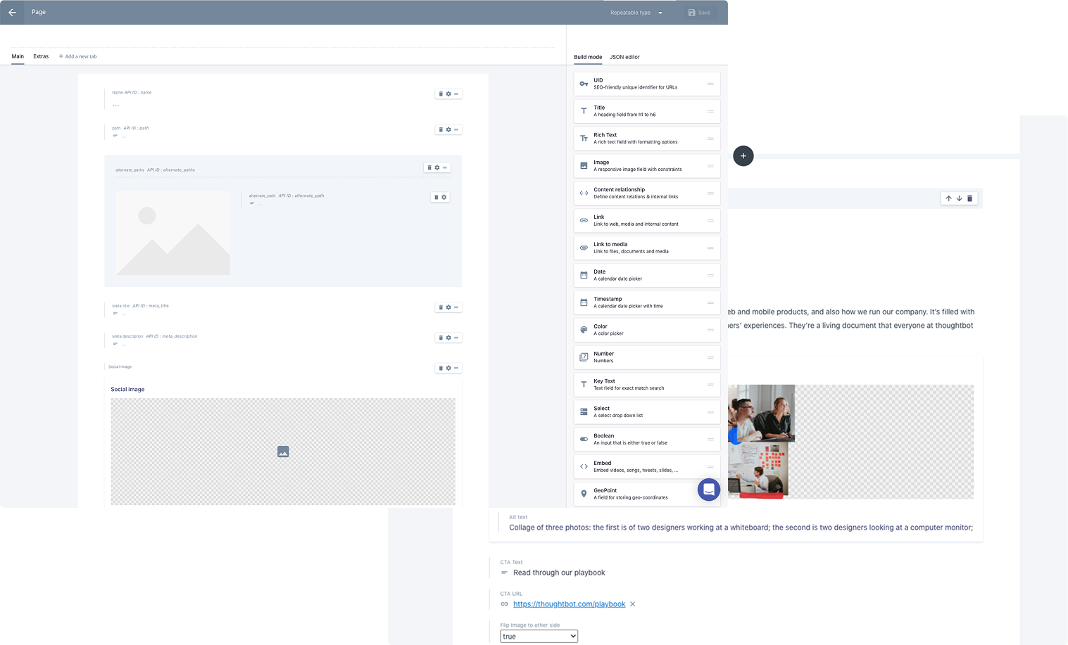 A screenshot of the Prismic page type backend