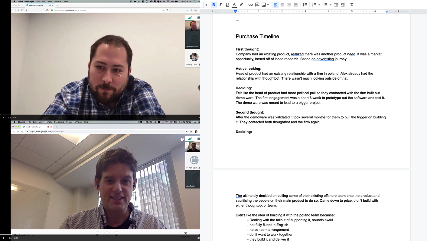 A screenshot of a google hangout recording; one person's camera view in the main screen and two people's camera view in the sidebar